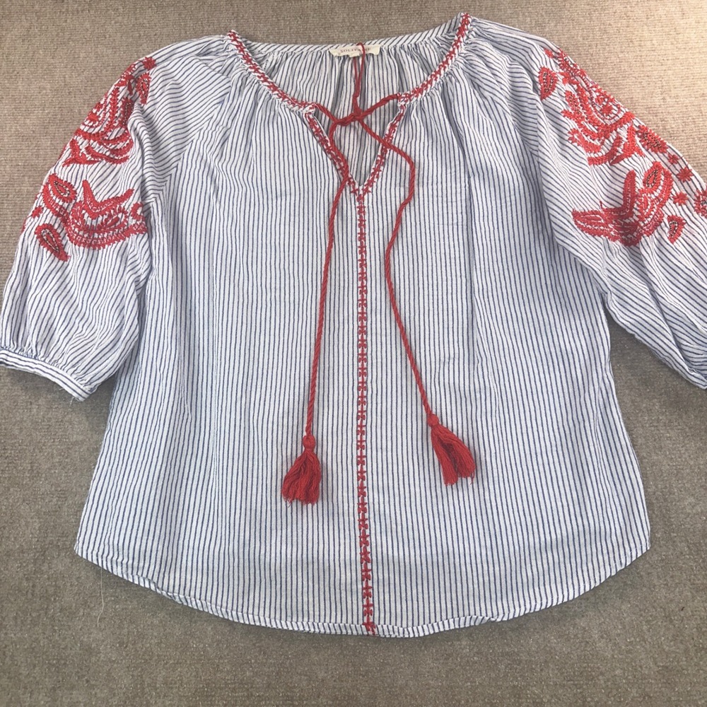 Solitaire Blue White Striped Red Embroidered‎ Peasant Blouse Small 17-12230